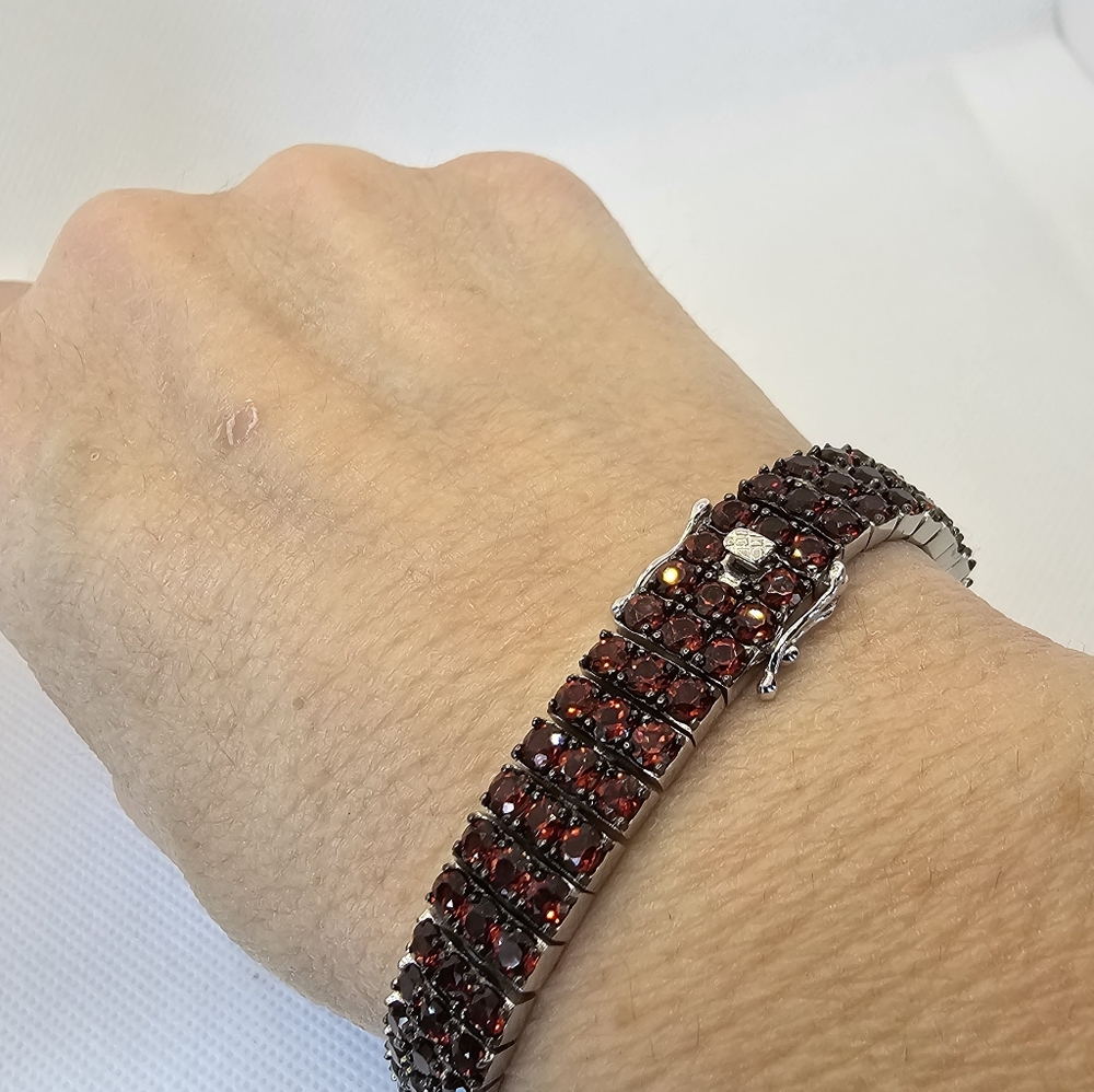 Genuine Garnet Tennis Bracelet Sterling Silver & Rhodium 7.5" - Picture 3 of 5